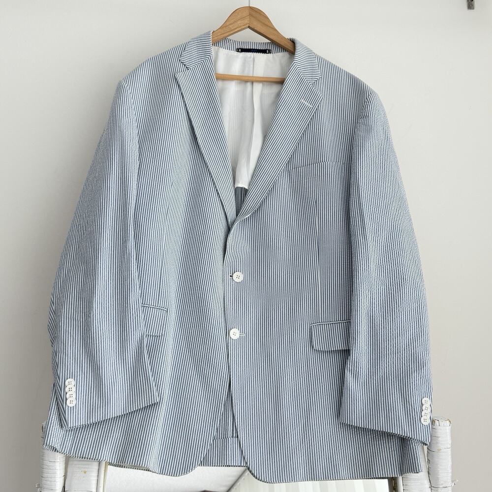 HASPEL Seersucker Blazer Mens 50 Blue White Striped Sport Coat Hamptons Derby